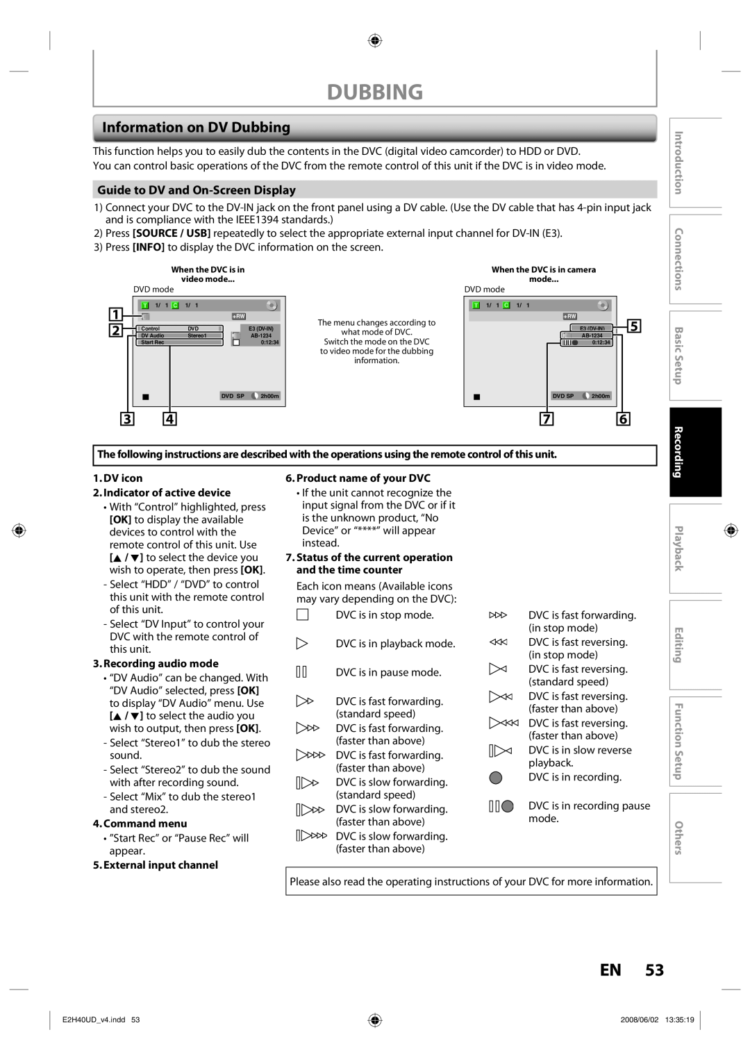 Philips DVDR3575H/37 Information on DV Dubbing, Guide to DV and On-Screen Display, Introduction Connections, Basic Setup 