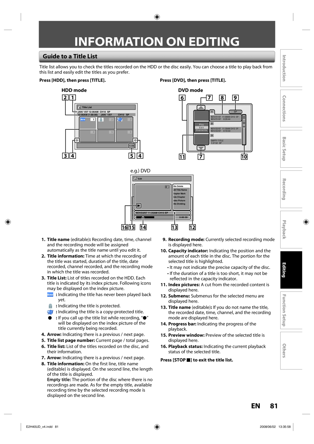 Philips DVDR3575H/37 manual Information On Editing, Guide to a Title List, HDD mode, DVD mode, Press HDD, then press TITLE 