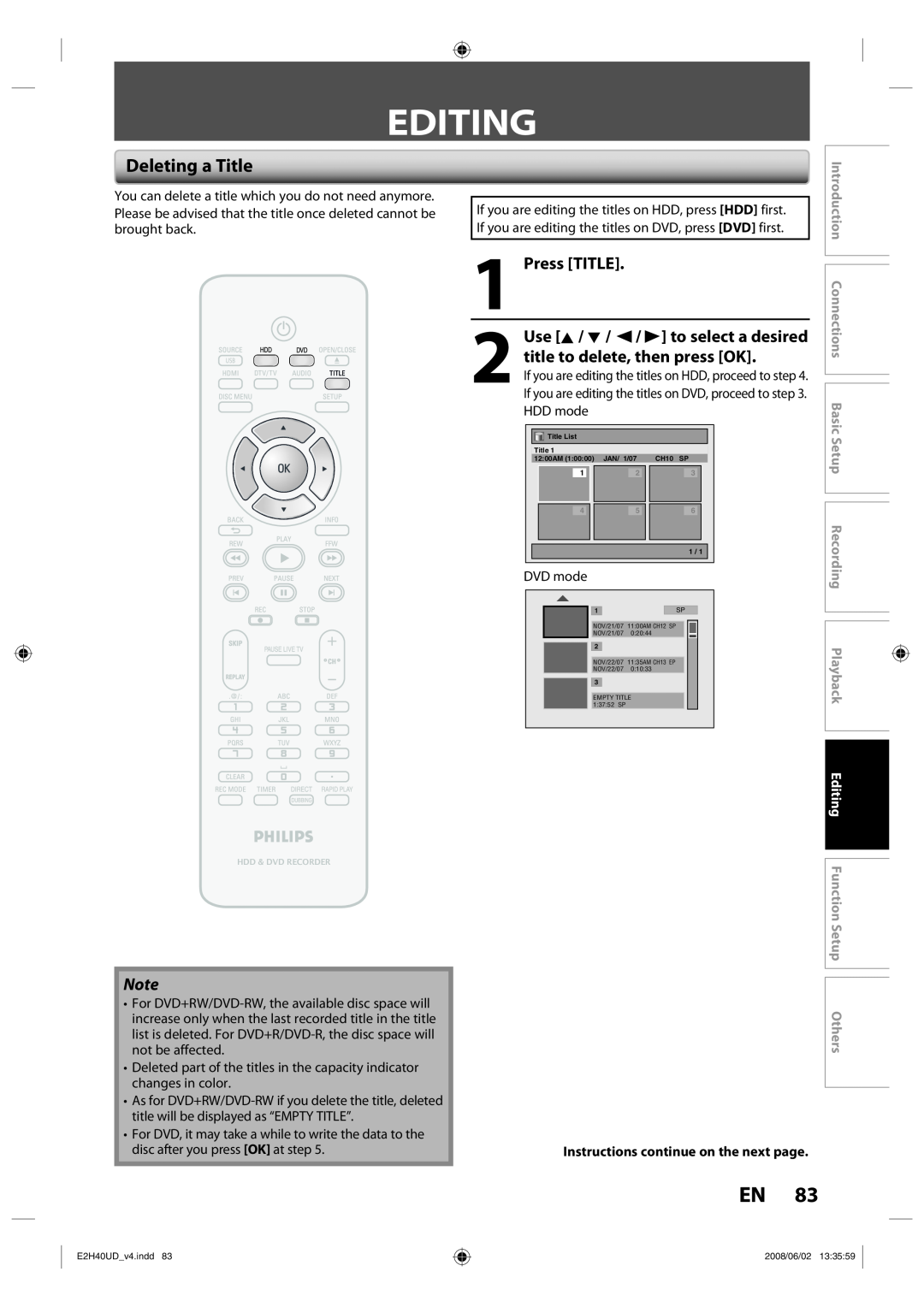 Philips DVDR3575H/37 manual Editing, Deleting a Title, Press TITLE, Instructions continue on the next page 