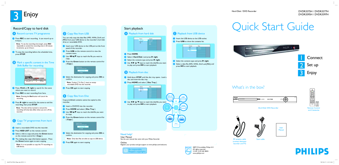 Philips DVDR3577H/05B user manual Record/Copy to hard disk, Start playback 