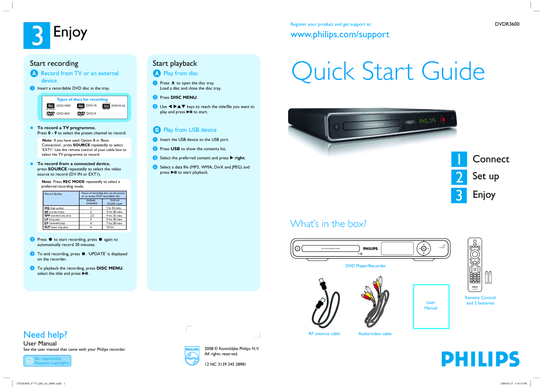 Philips DVDR3600 quick start Start recording, Start playback, Record from TV or an external Device, Play from disc 