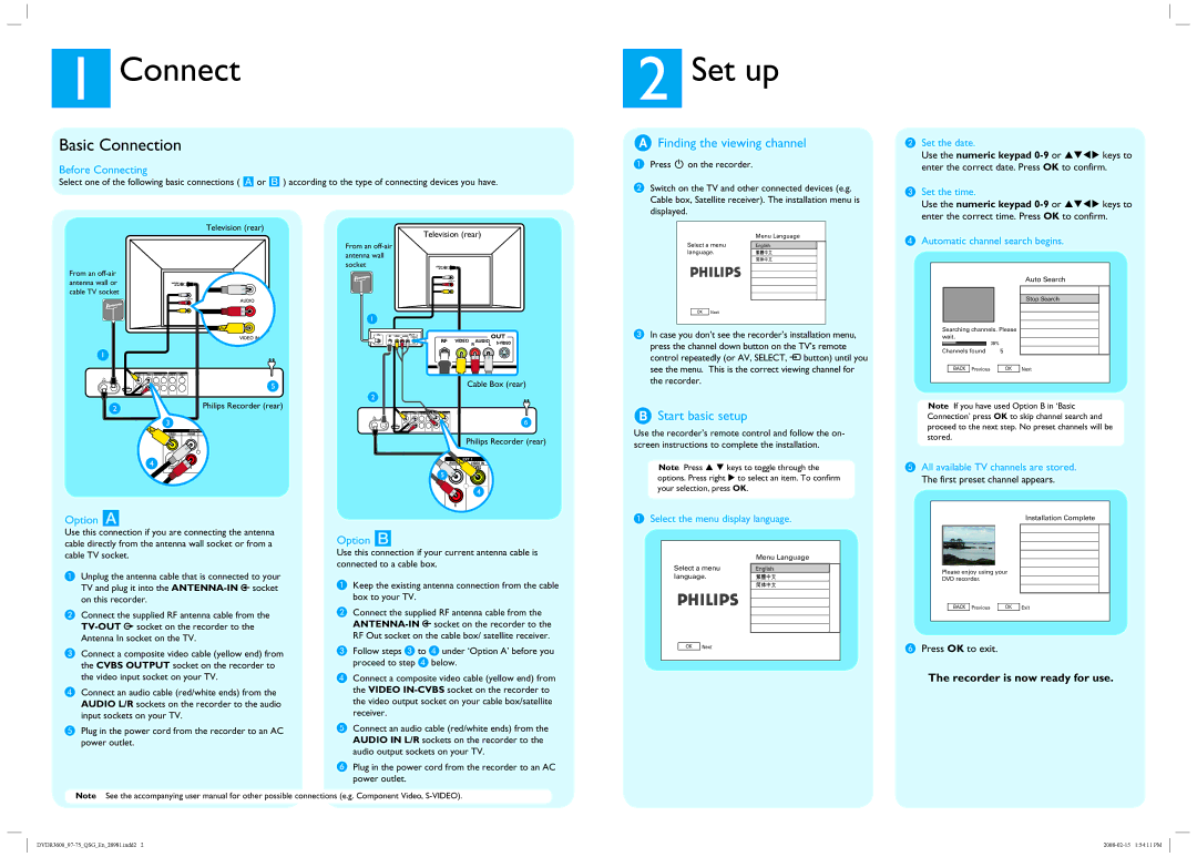 Philips DVDR3600 quick start Basic Connection, Finding the viewing channel, Start basic setup 