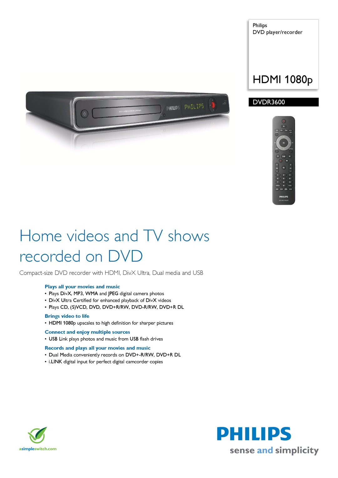 Philips DVDR3600/97 manual Plays all your movies and music, Brings video to life, Connect and enjoy multiple sources 