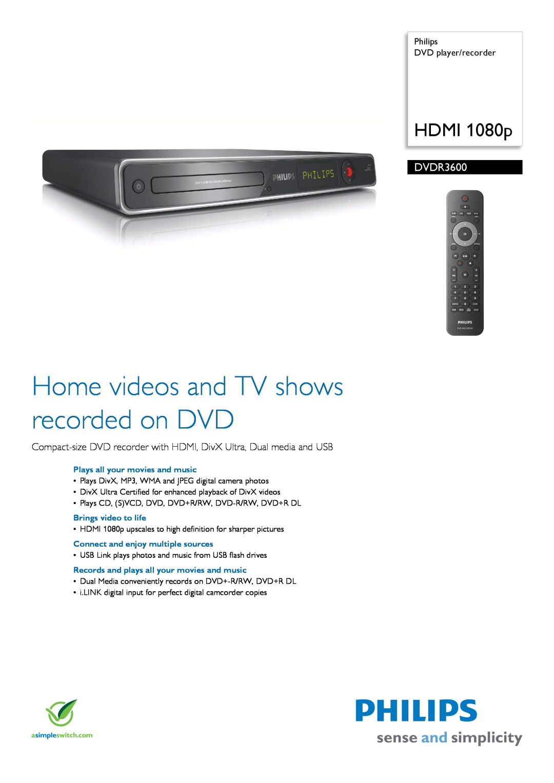 Philips DVDR3600/97 manual Philips DVD player/recorder, Home videos and TV shows recorded on DVD, HDMI 1080p 