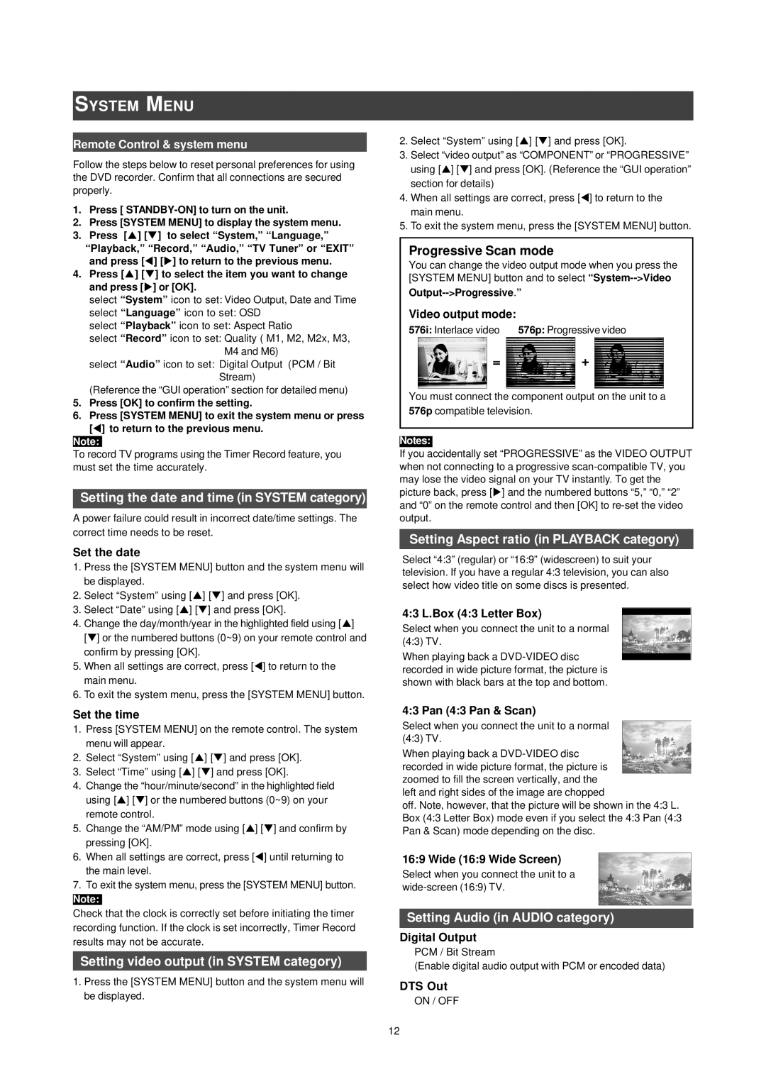 Philips DVDR520H/75 System Menu, Setting the date and time in System category, Setting video output in System category 