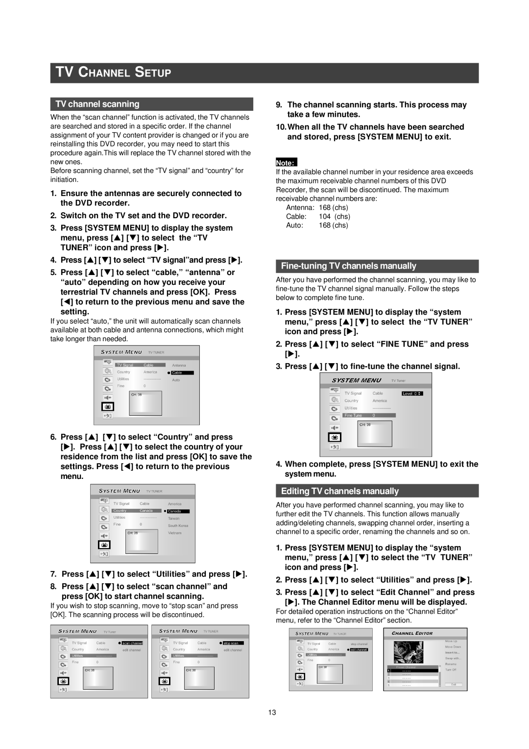 Philips DVDR520H/75 TV Channel Setup, TV channel scanning, Fine-tuning TV channels manually, Editing TV channels manually 