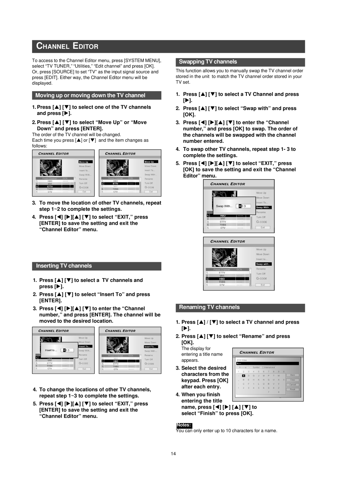 Philips DVDR520H/75 Channel Editor, Moving up or moving down the TV channel, Swapping TV channels, Inserting TV channels 