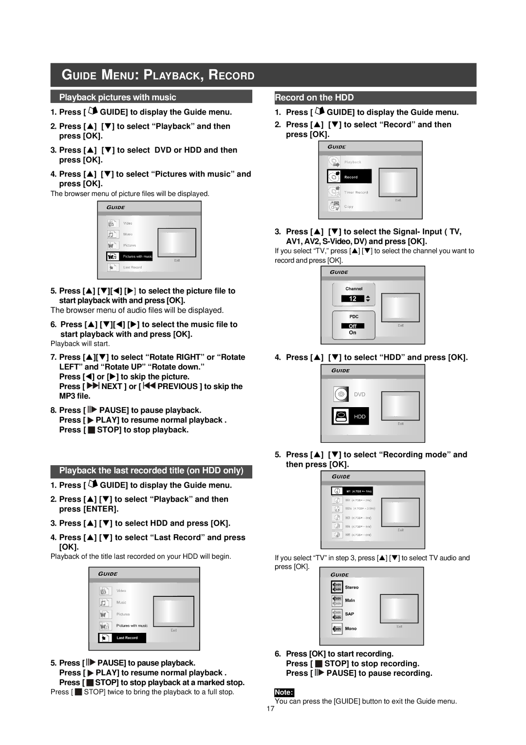 Philips DVDR520H/75 Guide Menu PLAYBACK, Record, Playback pictures with music, Record on the HDD 