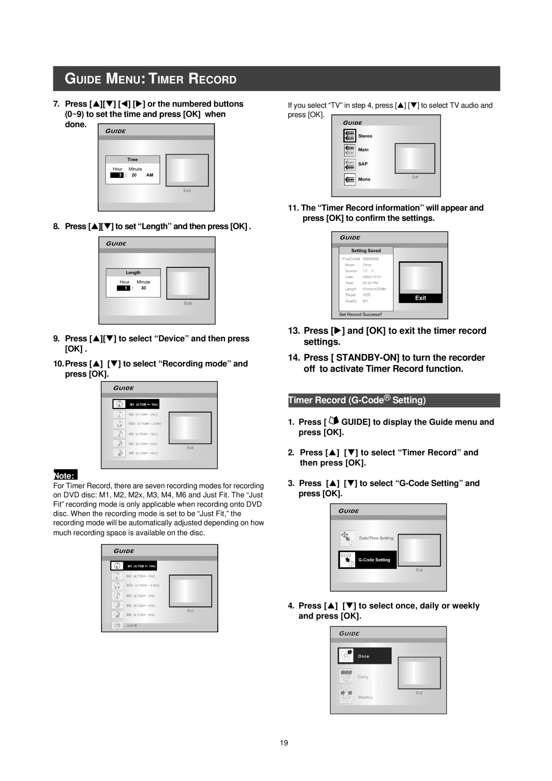 Philips DVDR520H/75 important safety instructions Guide Menu Timer Record, Timer Record G-CodeSetting 