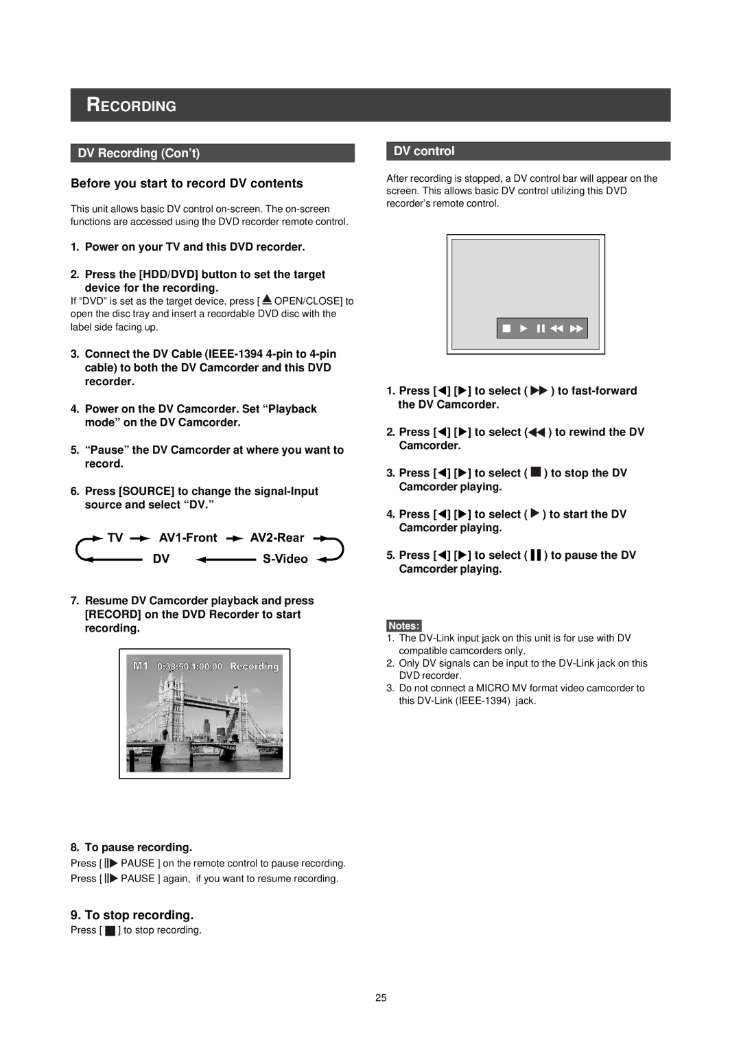 Philips DVDR520H/75 important safety instructions DV Recording Con’t, DV control 