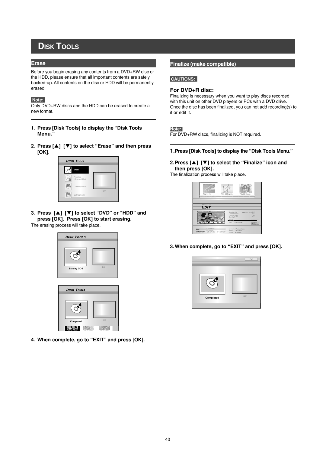 Philips DVDR520H/75 important safety instructions Disk Tools, Erase, Finalize make compatible, For DVD+R disc 