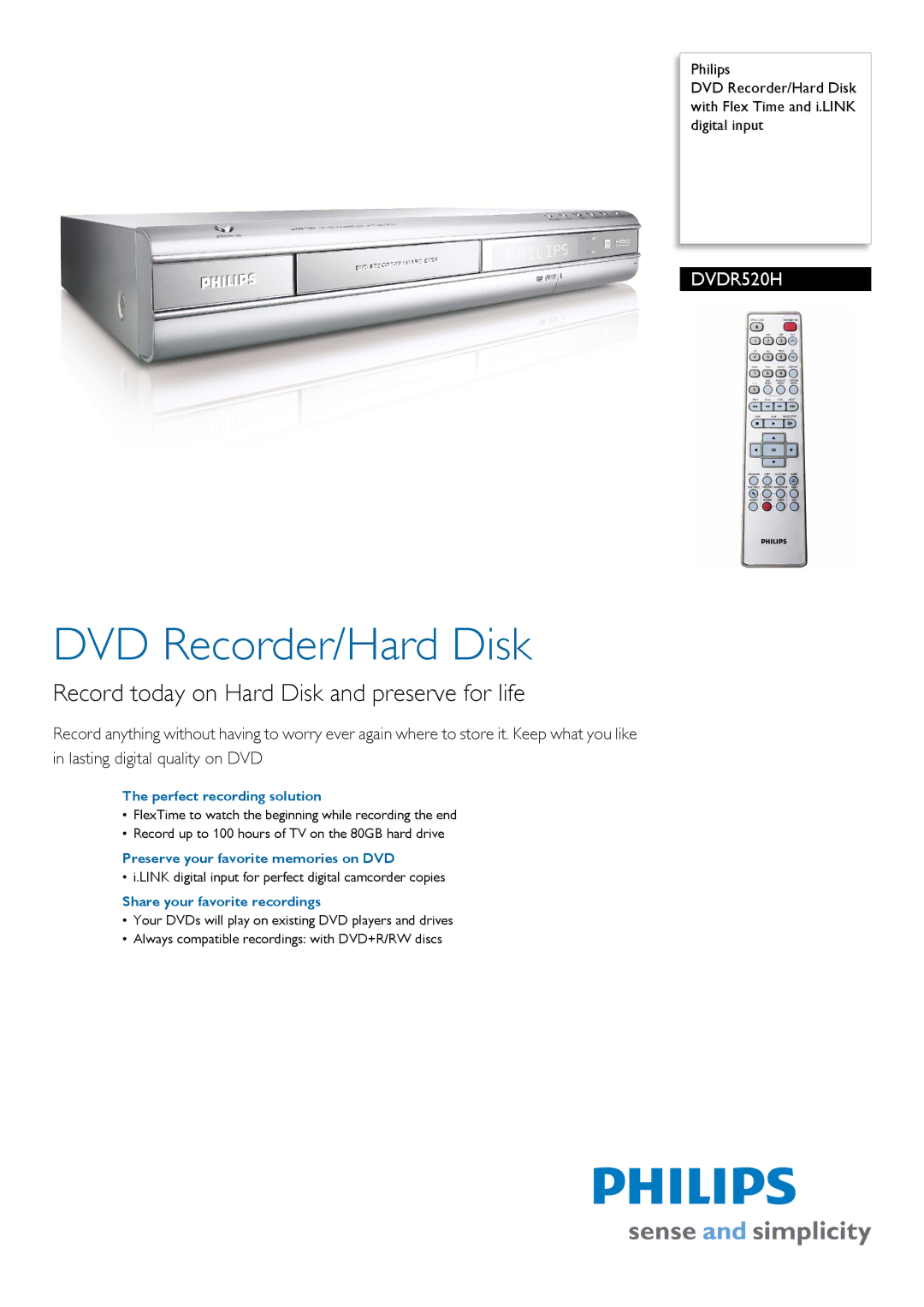 Philips DVDR520H/97 manual Perfect recording solution, Preserve your favorite memories on DVD 