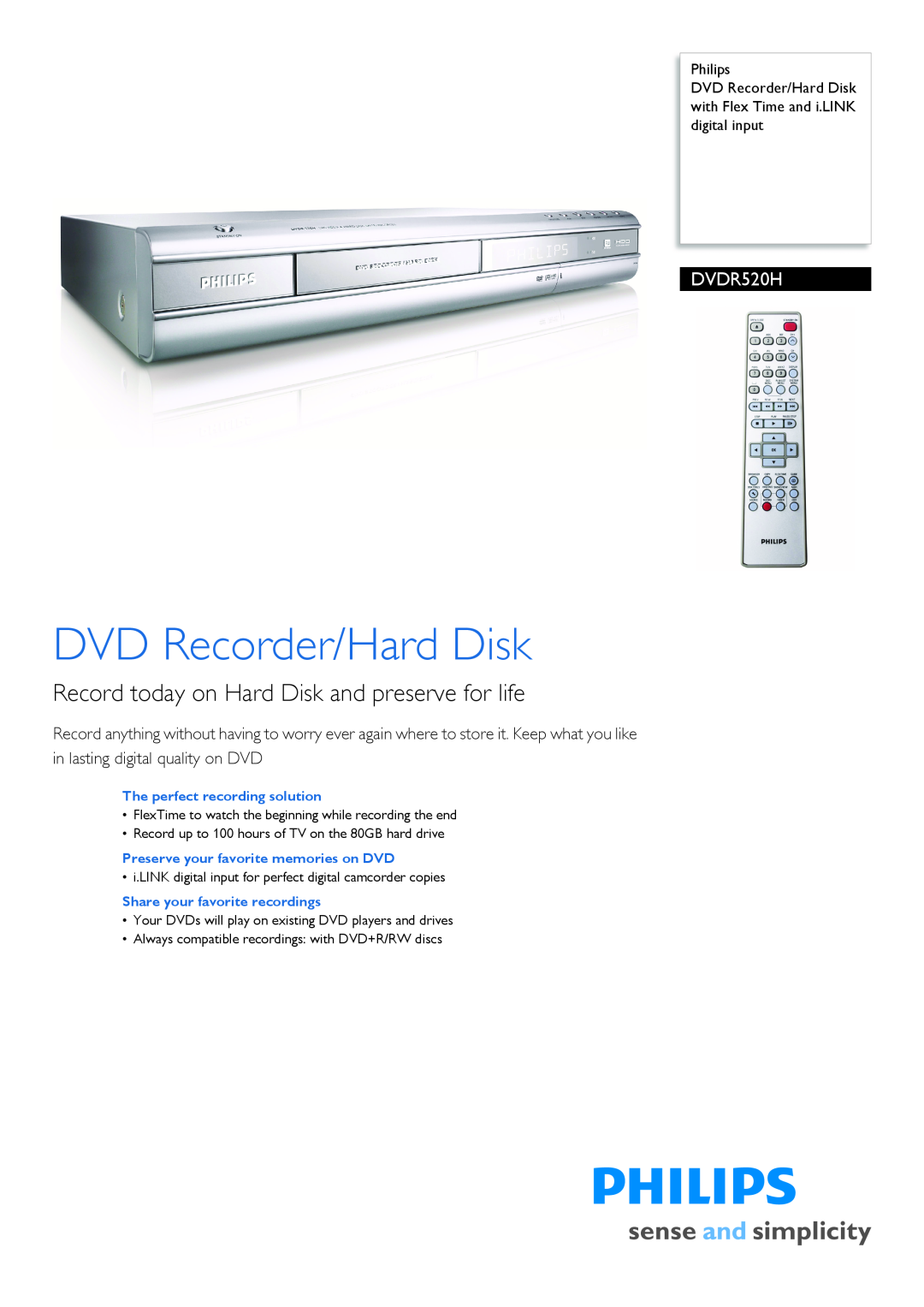 Philips DVDR520H/97 manual Philips, DVD Recorder/Hard Disk with Flex Time and i.LINK digital input 