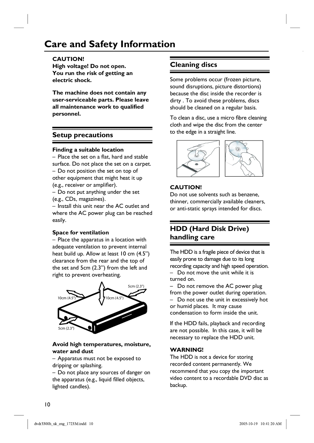 Philips DVDR3300H manual Care and Safety Information, Setup precautions, Cleaning discs, HDD Hard Disk Drive handling care 