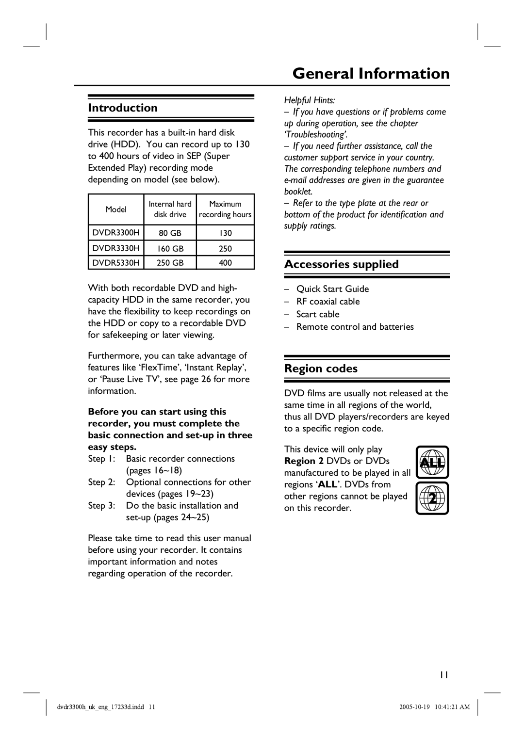 Philips DVDR3330H, DVDR5330H, DVDR3300H manual General Information, Introduction, Accessories supplied, Region codes 