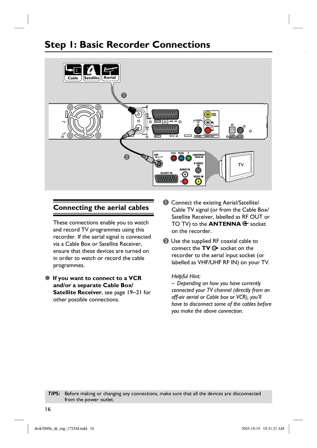 Philips DVDR3300H, DVDR5330H, DVDR3330H manual Basic Recorder Connections, Connecting the aerial cables 