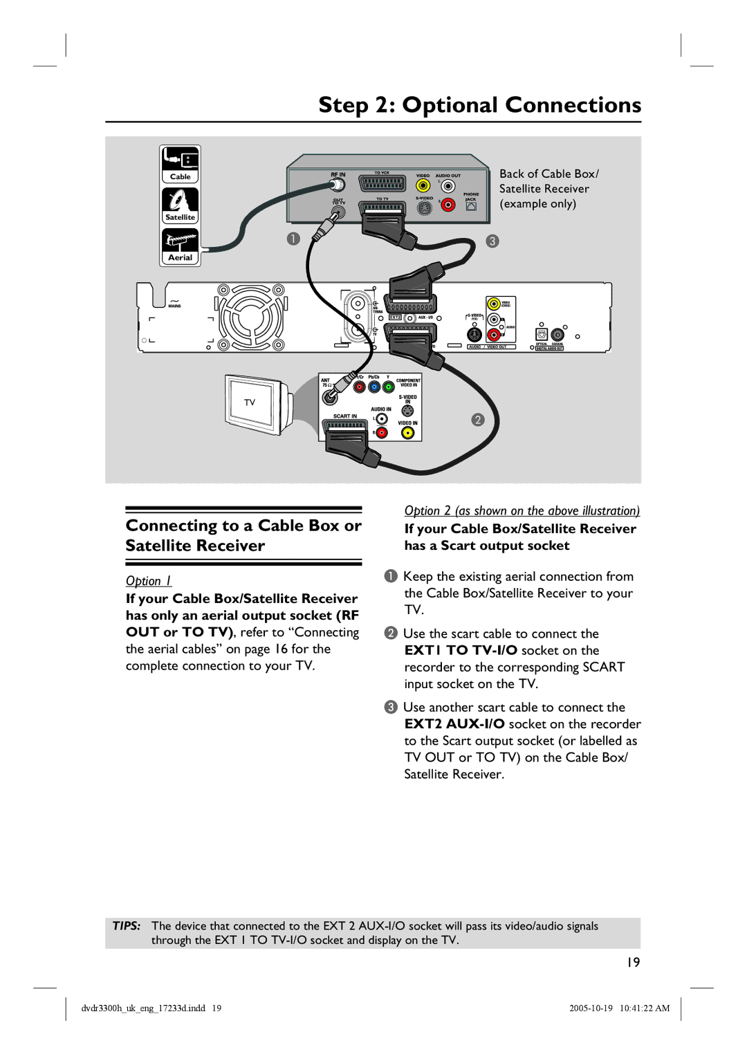 Philips DVDR3300H, DVDR5330H, DVDR3330H manual Optional Connections, Connecting to a Cable Box or Satellite Receiver 