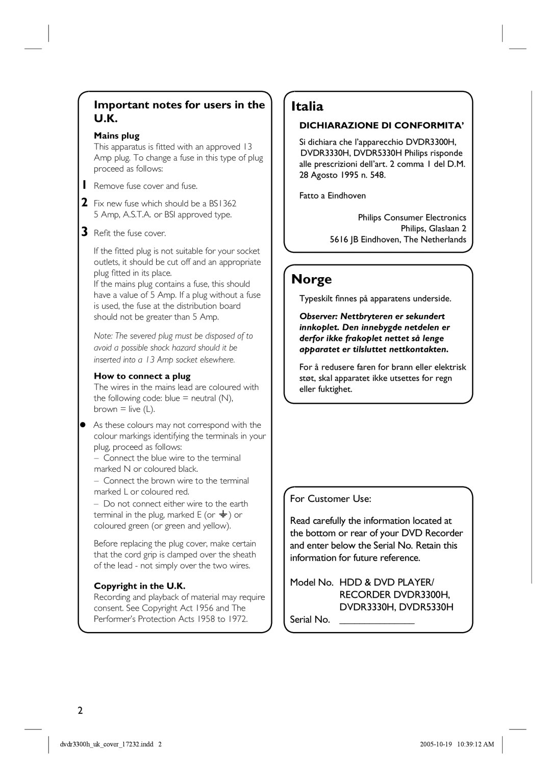 Philips DVDR3330H, DVDR5330H manual For Customer Use, Serial No, Mains plug, How to connect a plug, Copyright in the U.K 