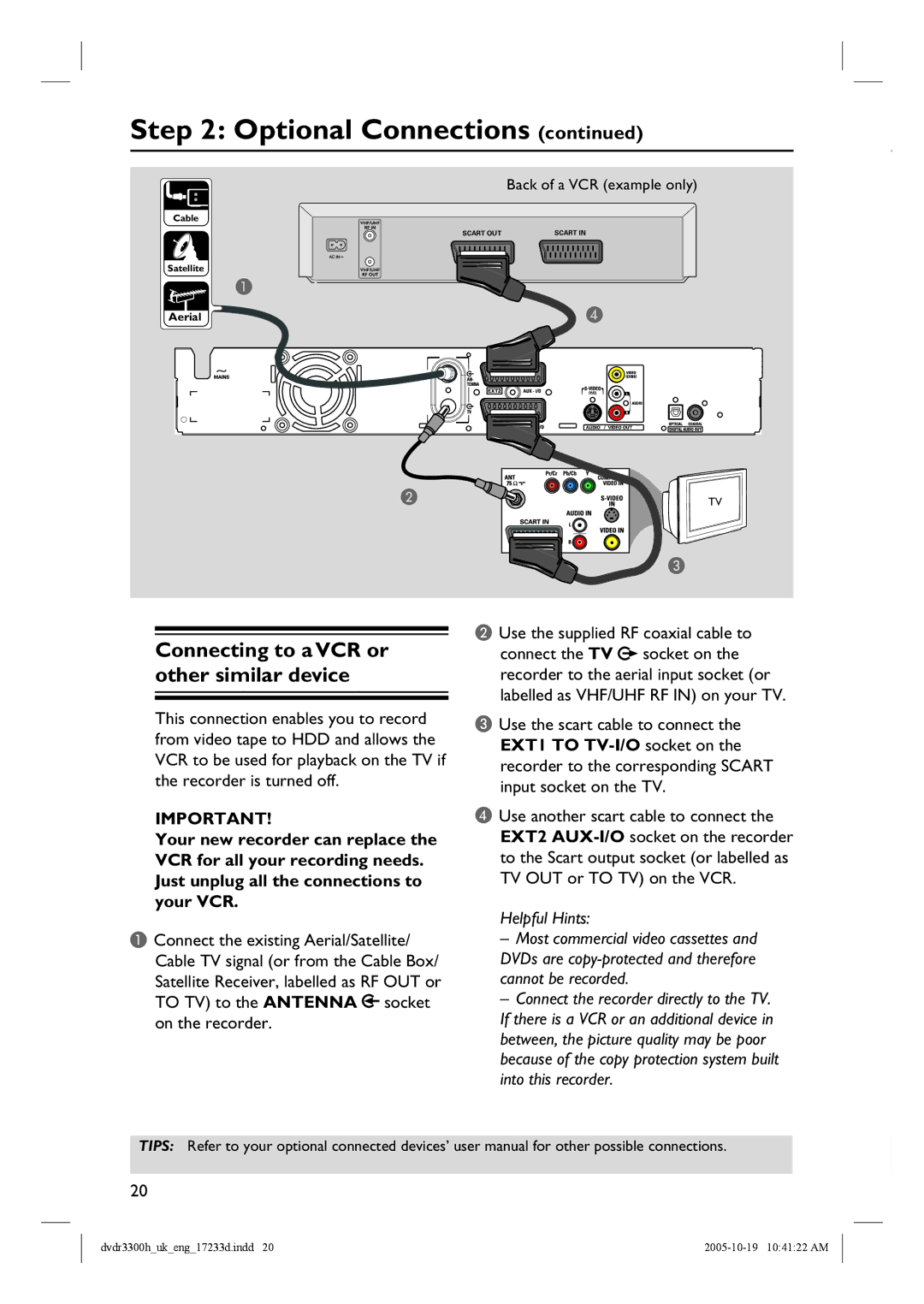 Philips DVDR3330H, DVDR5330H, DVDR3300H manual Connecting to a VCR or other similar device, Helpful Hints 