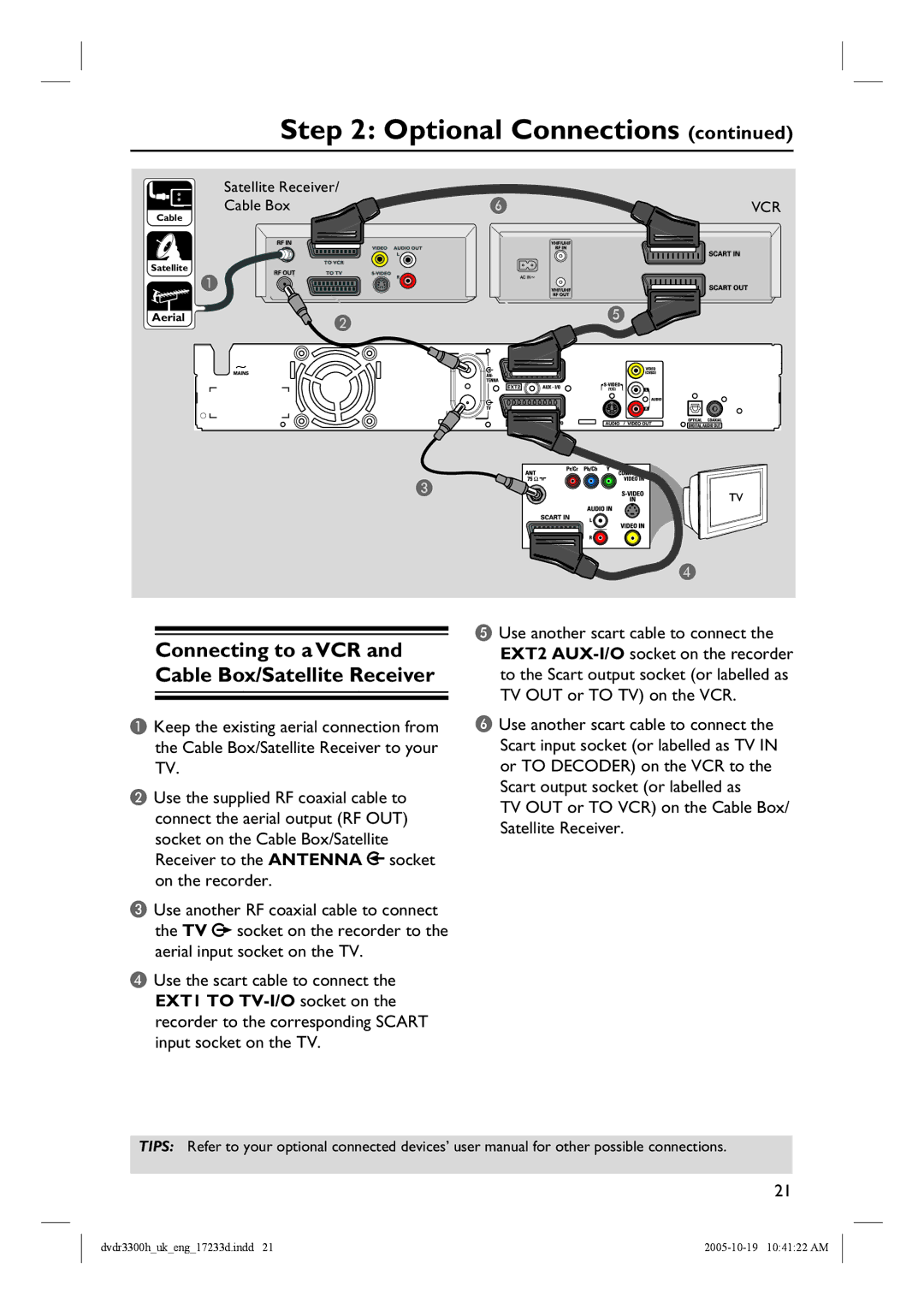 Philips DVDR5330H, DVDR3300H, DVDR3330H manual Connecting to a VCR and Cable Box/Satellite Receiver 