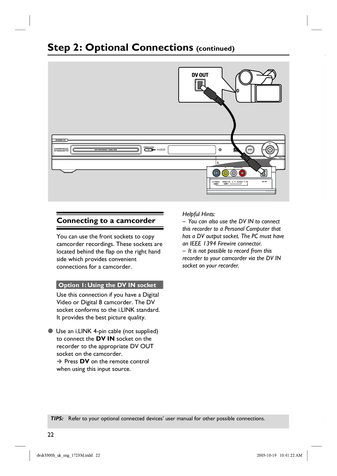 Philips DVDR3300H, DVDR5330H, DVDR3330H manual Connecting to a camcorder, Option 1 Using the DV in socket 