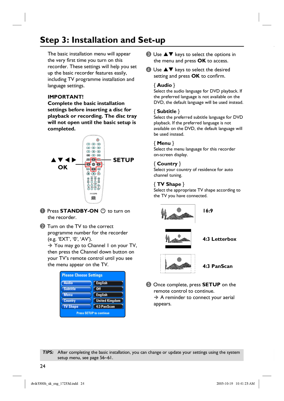 Philips DVDR5330H, DVDR3300H, DVDR3330H manual Installation and Set-up 