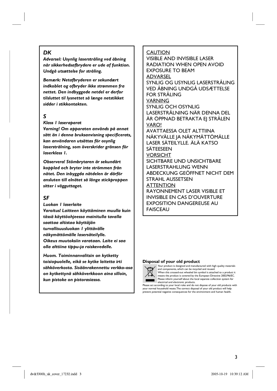 Philips DVDR5330H, DVDR3300H, DVDR3330H manual Klass 1 laseraparat 