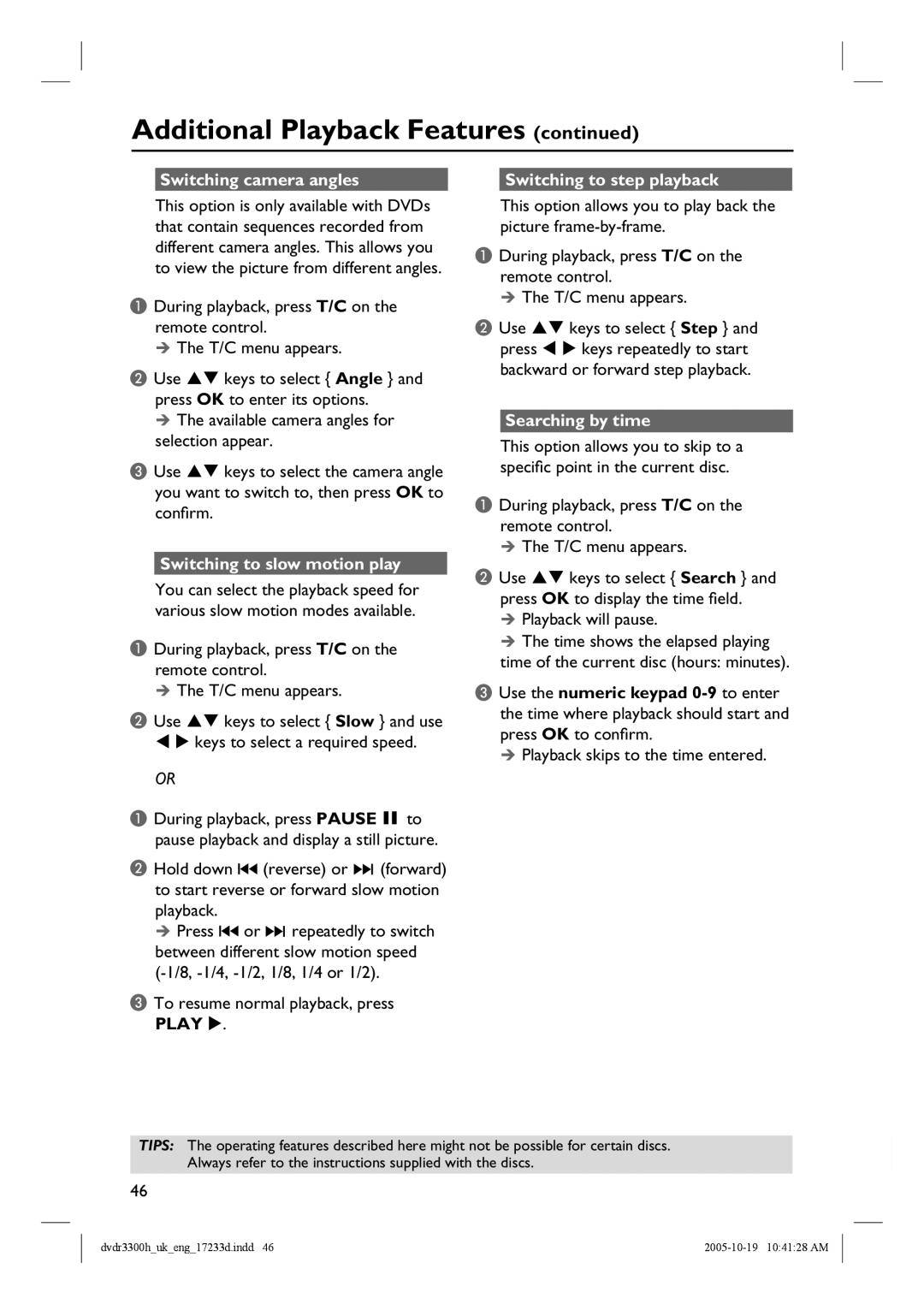 Philips DVDR3300H Switching camera angles, Switching to slow motion play, Switching to step playback, Searching by time 