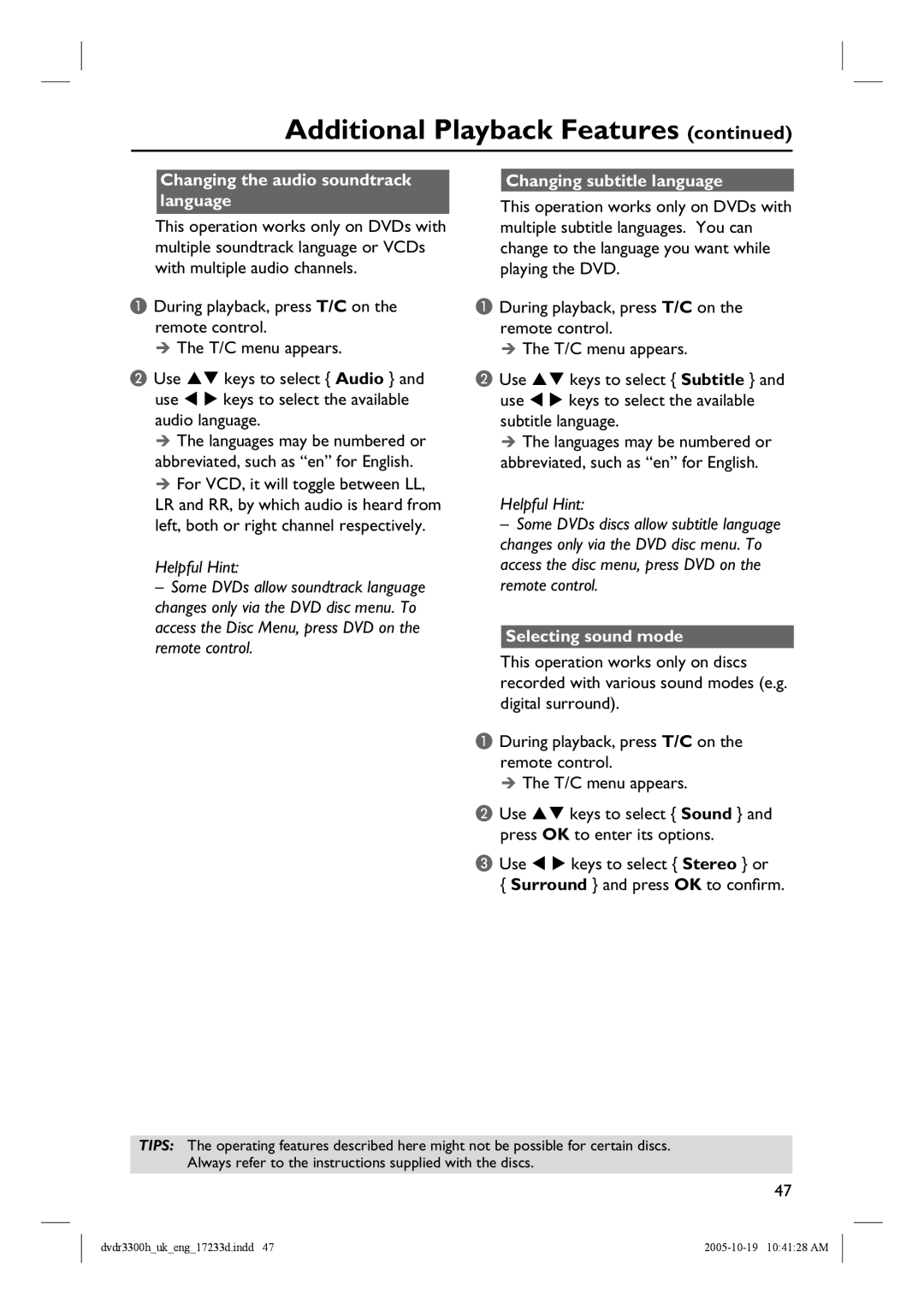 Philips DVDR3330H, DVDR5330H manual Changing the audio soundtrack language, Changing subtitle language, Selecting sound mode 