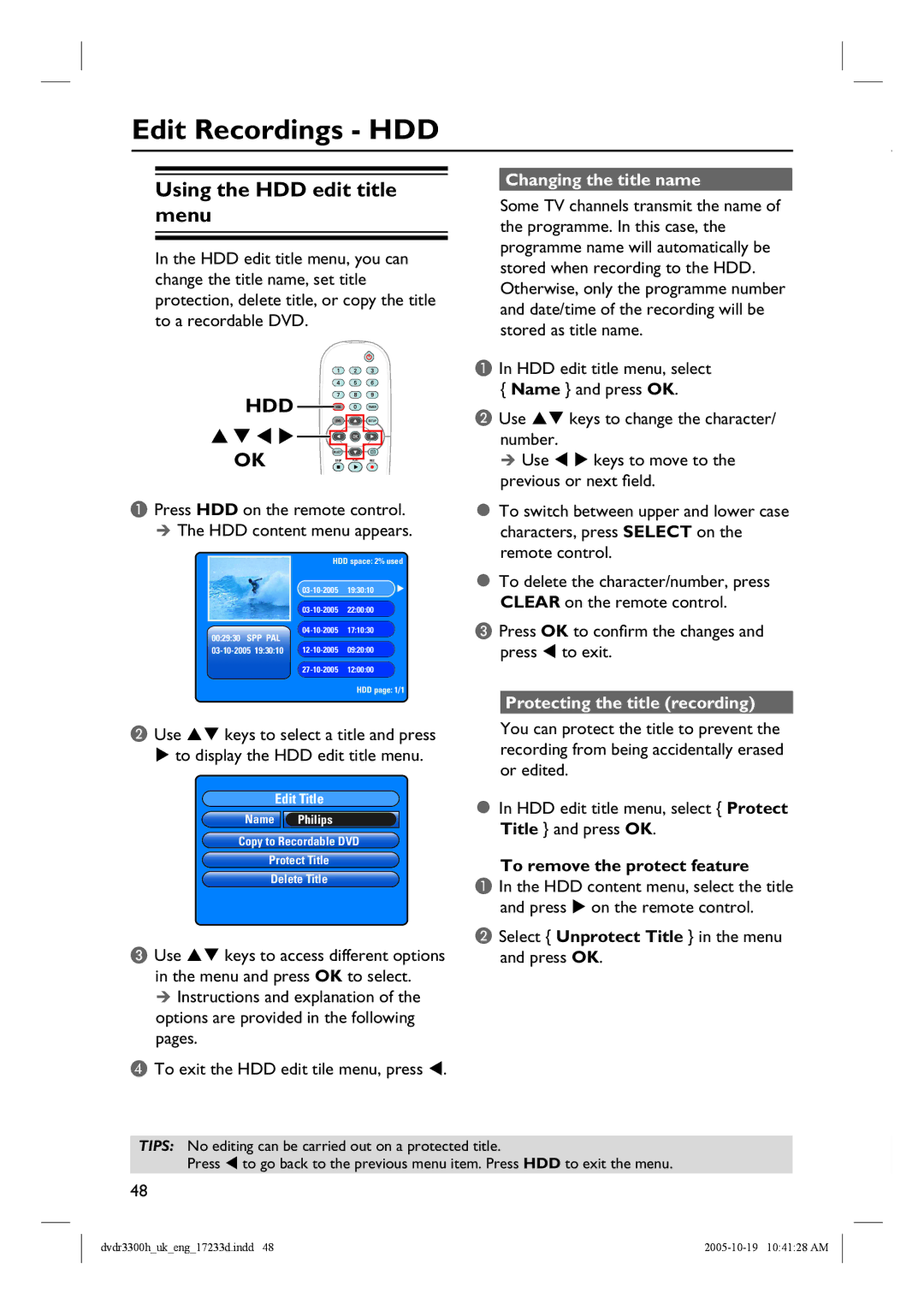 Philips DVDR5330H, DVDR3300H, DVDR3330H manual Edit Recordings HDD, Using the HDD edit title menu, Changing the title name 