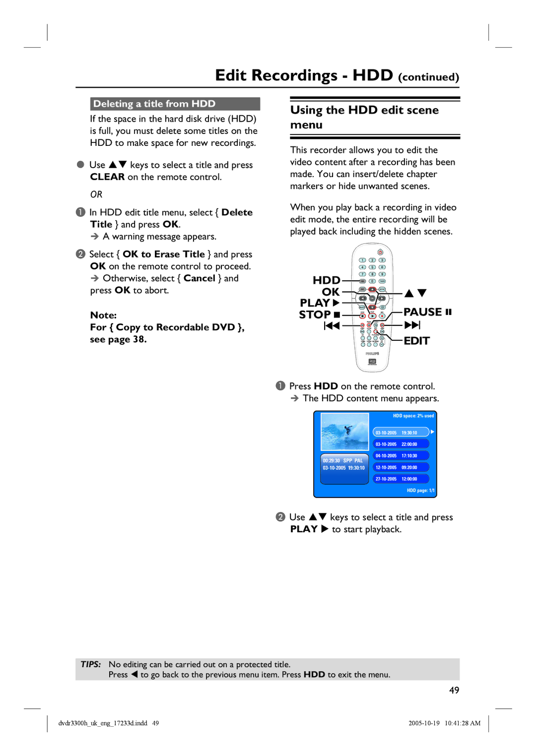 Philips DVDR3300H Using the HDD edit scene menu, Deleting a title from HDD, Otherwise, select Cancel and press OK to abort 