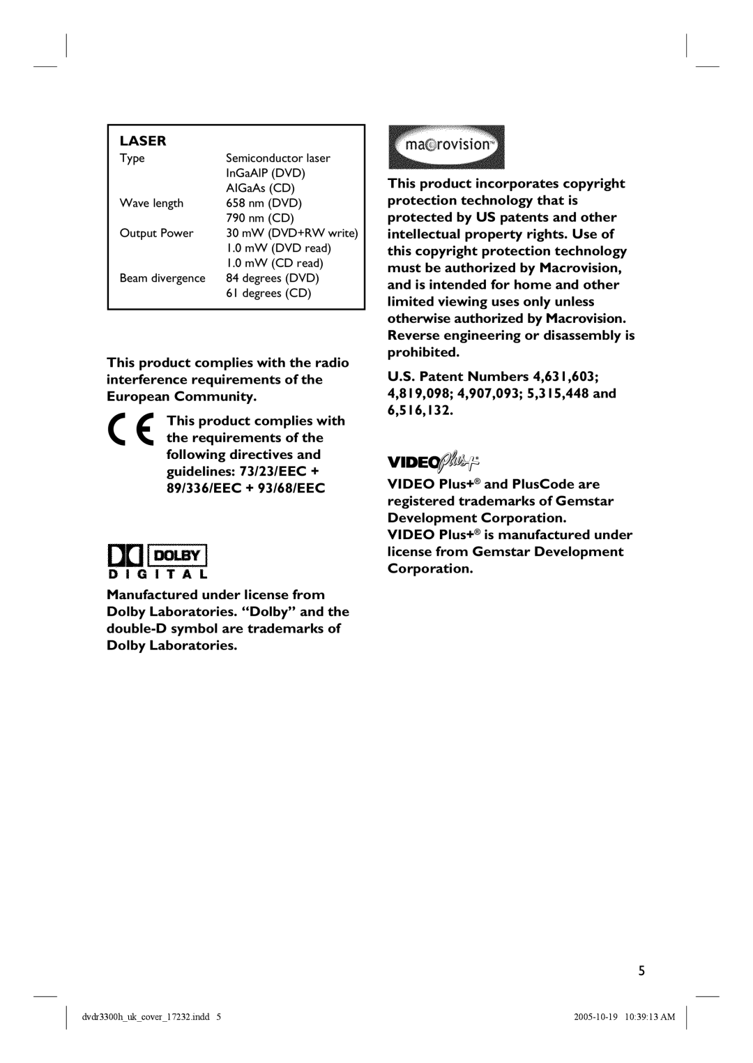 Philips DVDR3330H, DVDR5330H, DVDR3300H manual Laser 