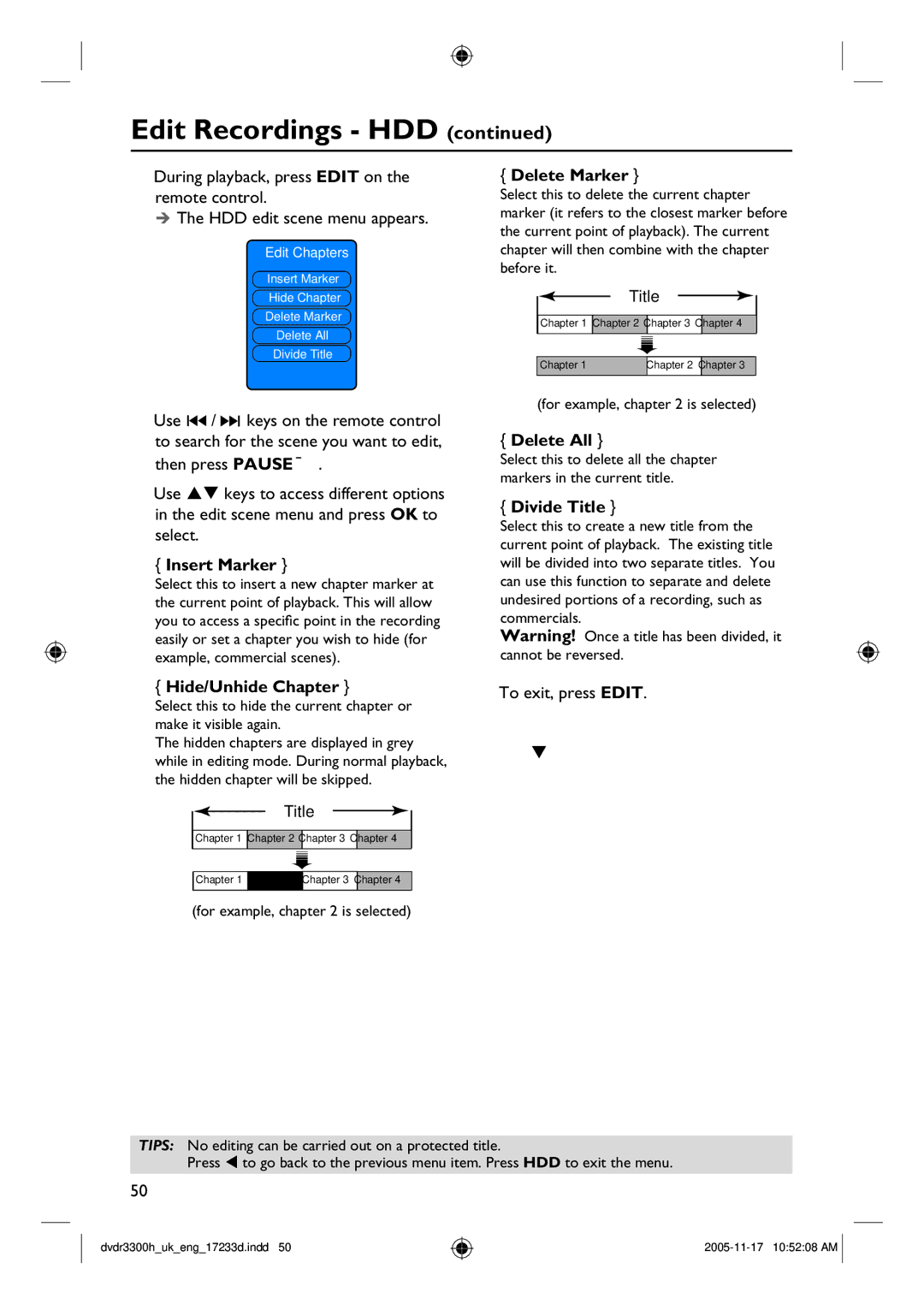 Philips DVDR3330H, DVDR5330H, DVDR3300H manual Delete Marker, Insert Marker, Delete All, Divide Title, Hide/Unhide Chapter 