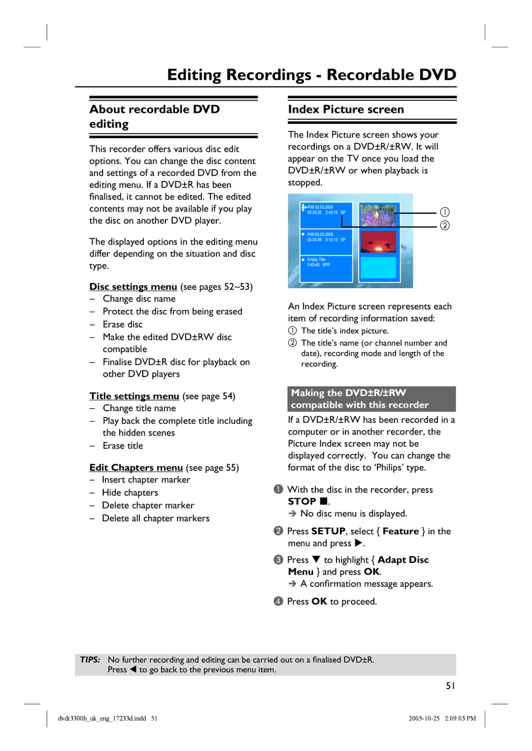 Philips DVDR5330H, DVDR3300H manual Editing Recordings Recordable DVD, About recordable DVD editing, Index Picture screen 