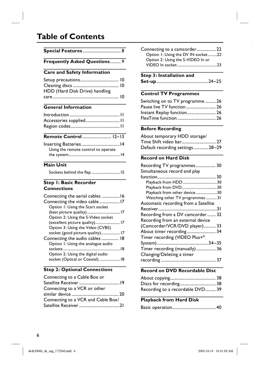 Philips DVDR5330H, DVDR3300H, DVDR3330H manual Table of Contents 