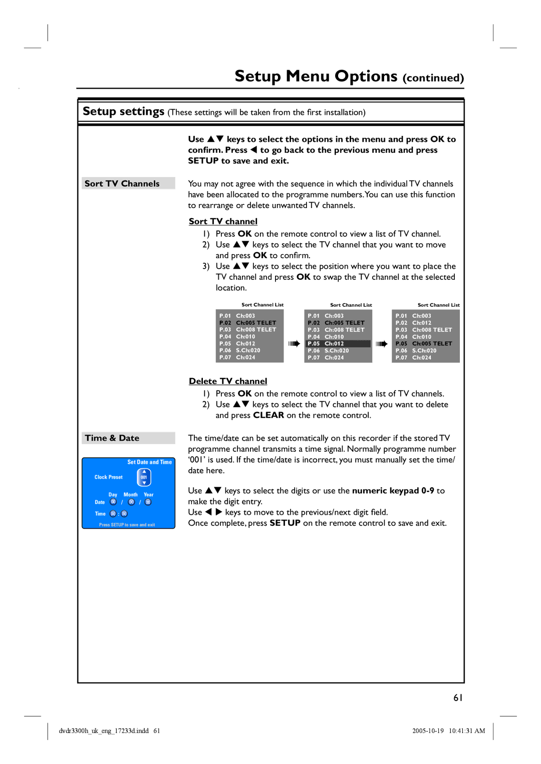 Philips DVDR3300H, DVDR5330H, DVDR3330H manual Time & Date, Delete TV channel 