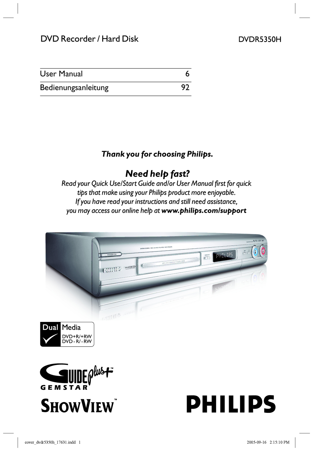 Philips DVDR5350H user manual Bedienungsanleitung 