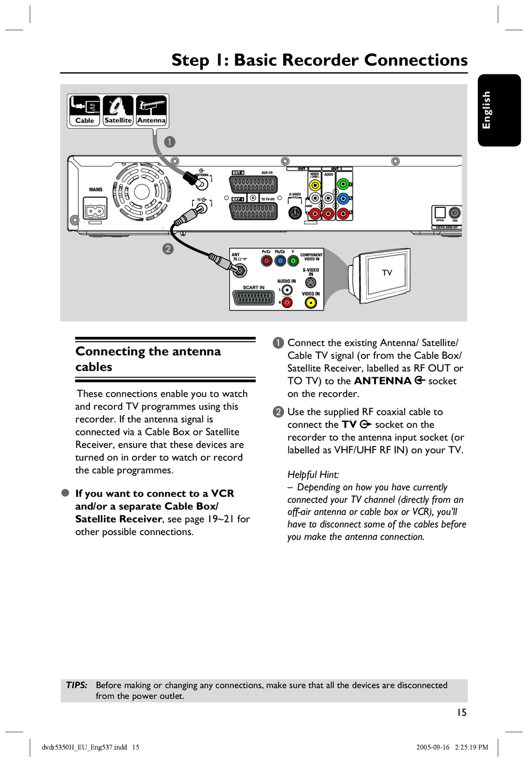 Philips DVDR5350H user manual Basic Recorder Connections, Connecting the antenna cables 