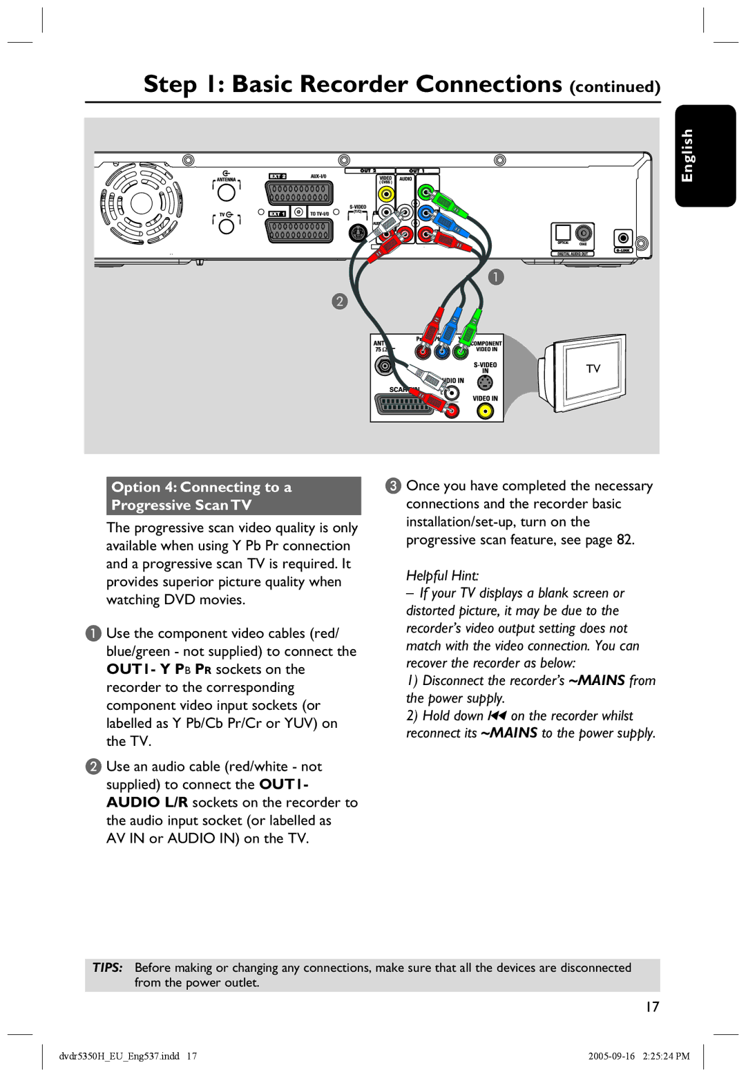 Philips DVDR5350H user manual English Option 4 Connecting to a Progressive Scan TV 