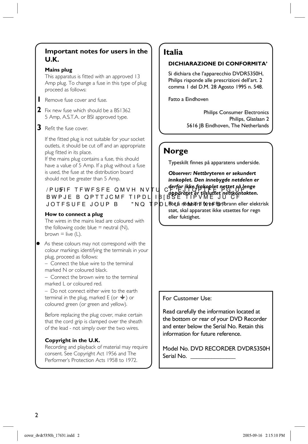 Philips DVDR5350H user manual For Customer Use, Mains plug, How to connect a plug, Copyright in the U.K 