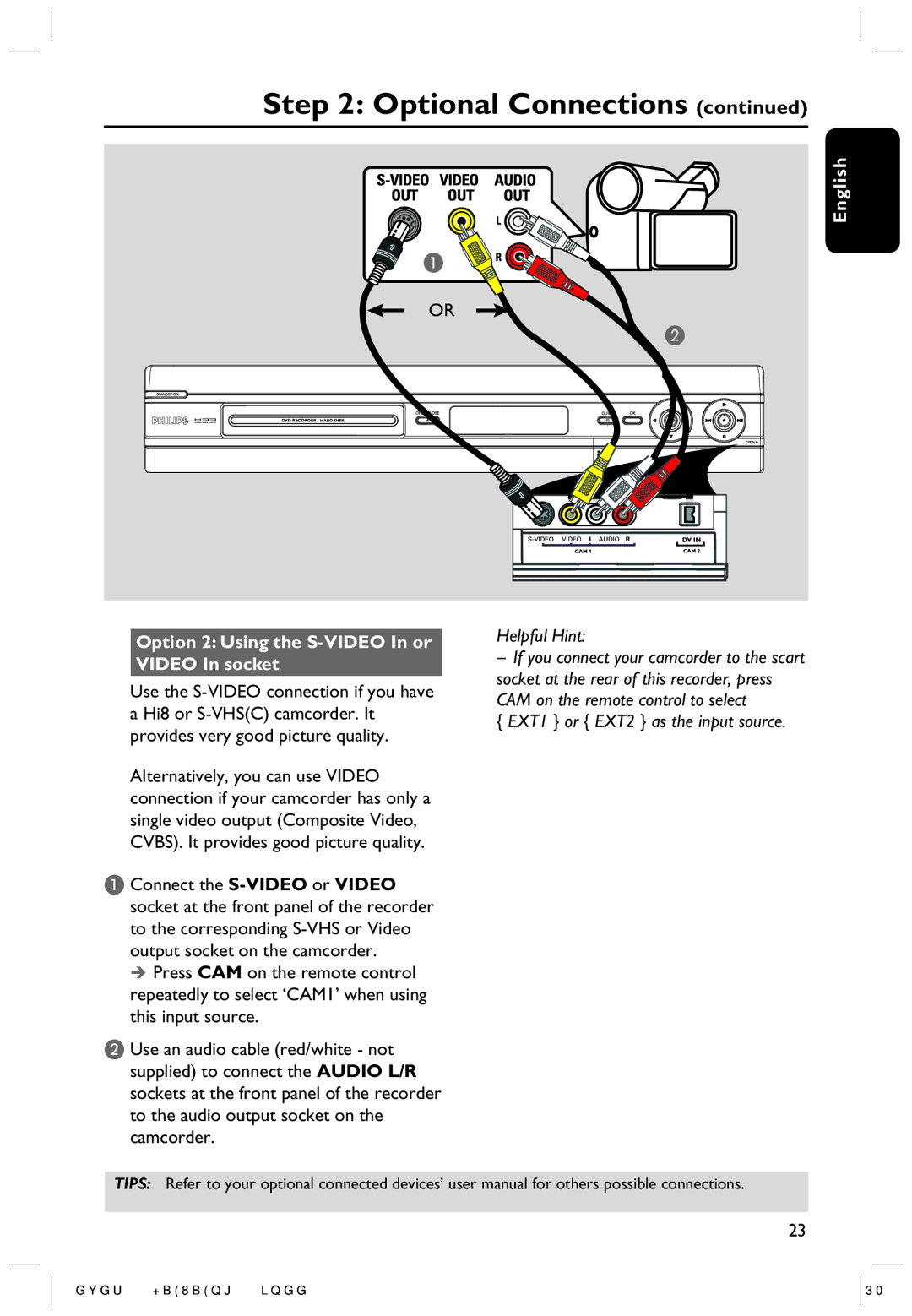 Philips DVDR5350H user manual English Option 2 Using the S-VIDEO In or Video In socket 