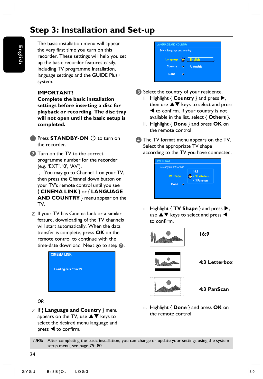 Philips DVDR5350H user manual Installation and Set-up, Select the country of your residence, Letterbox PanScan 