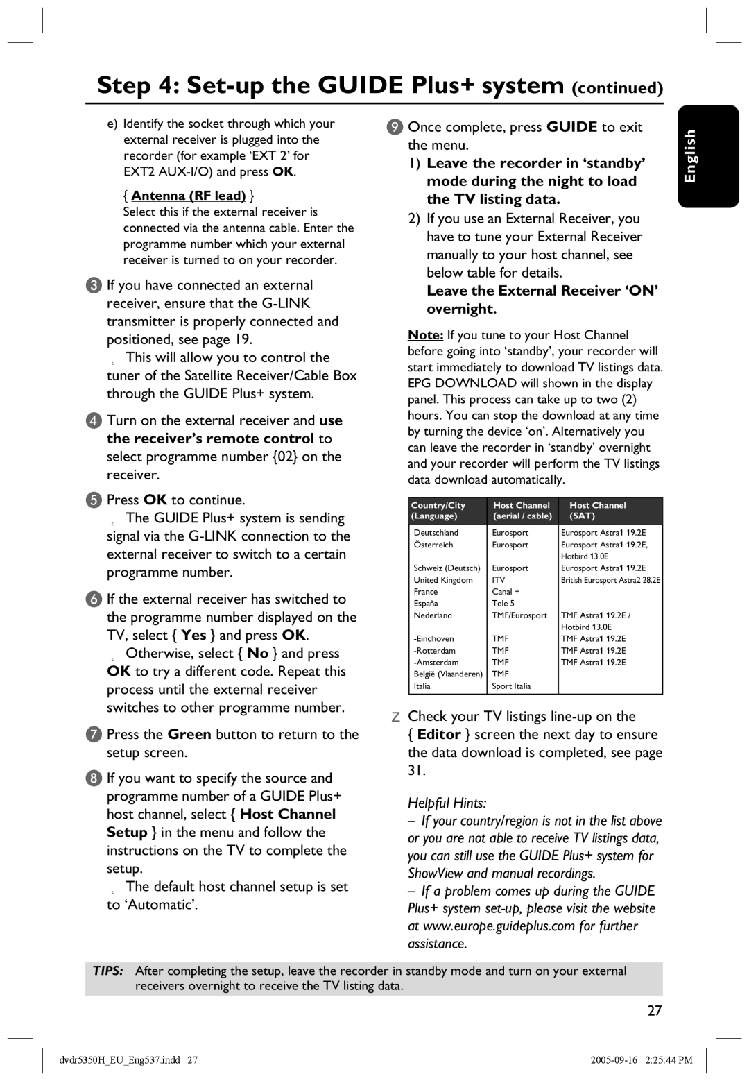 Philips DVDR5350H user manual Leave the External Receiver ‘ON’ overnight, Antenna RF lead 