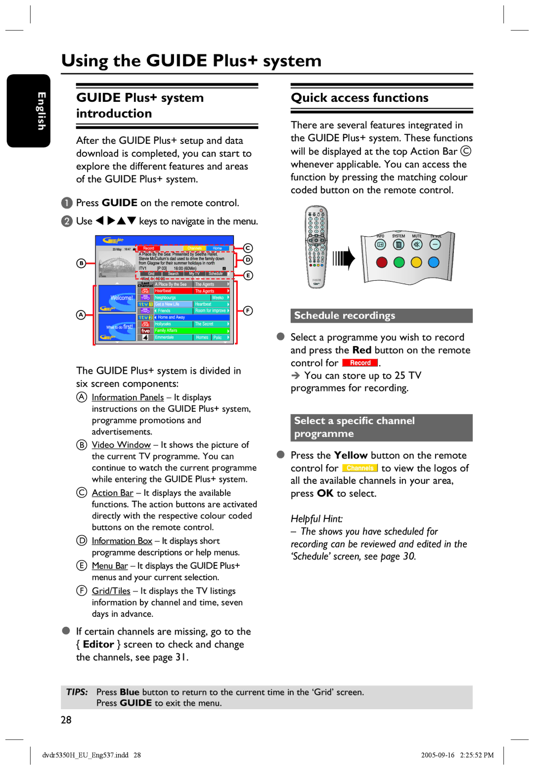 Philips DVDR5350H user manual Using the Guide Plus+ system, Guide Plus+ system introduction, Quick access functions 