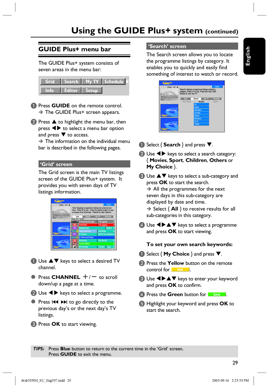 Philips DVDR5350H user manual Guide Plus+ menu bar, ‘Grid’ screen, ‘Search’ screen 