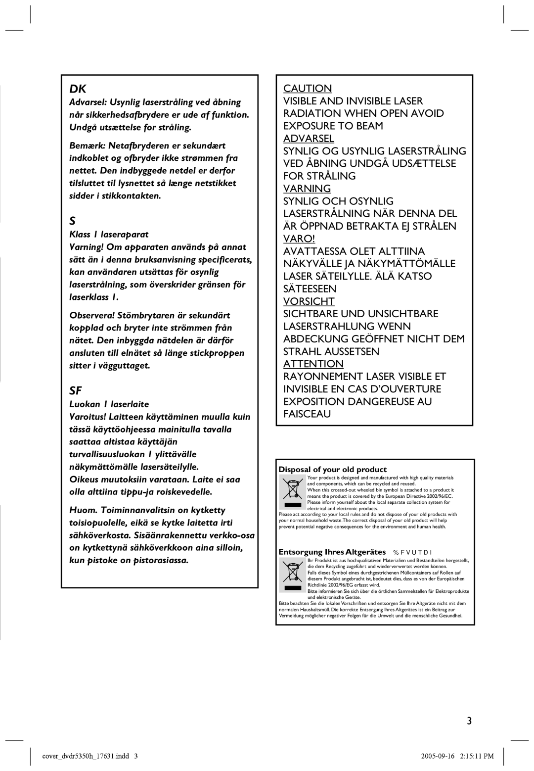 Philips DVDR5350H user manual Klass 1 laseraparat 