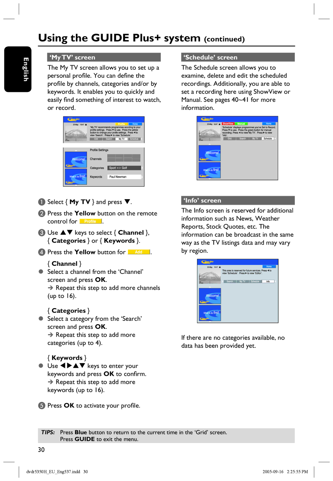 Philips DVDR5350H user manual ‘My TV’ screen ‘Schedule’ screen English, ‘Info’ screen 