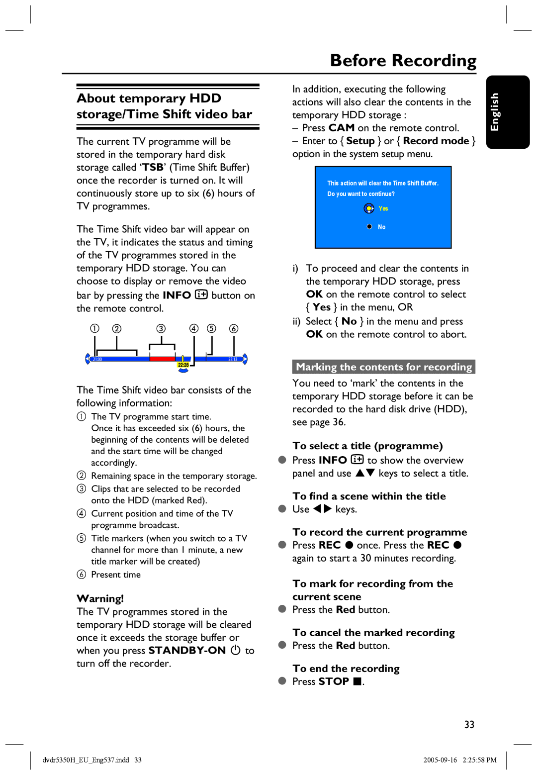 Philips DVDR5350H user manual Before Recording, Marking the contents for recording 