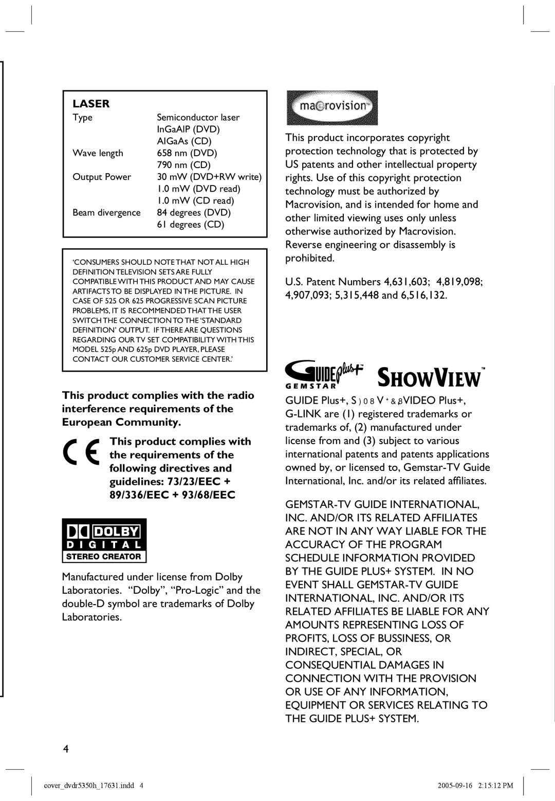 Philips DVDR5350H user manual Laser, MW DVD read, MW CD read, Beam divergence Degrees DVD Degrees CD 