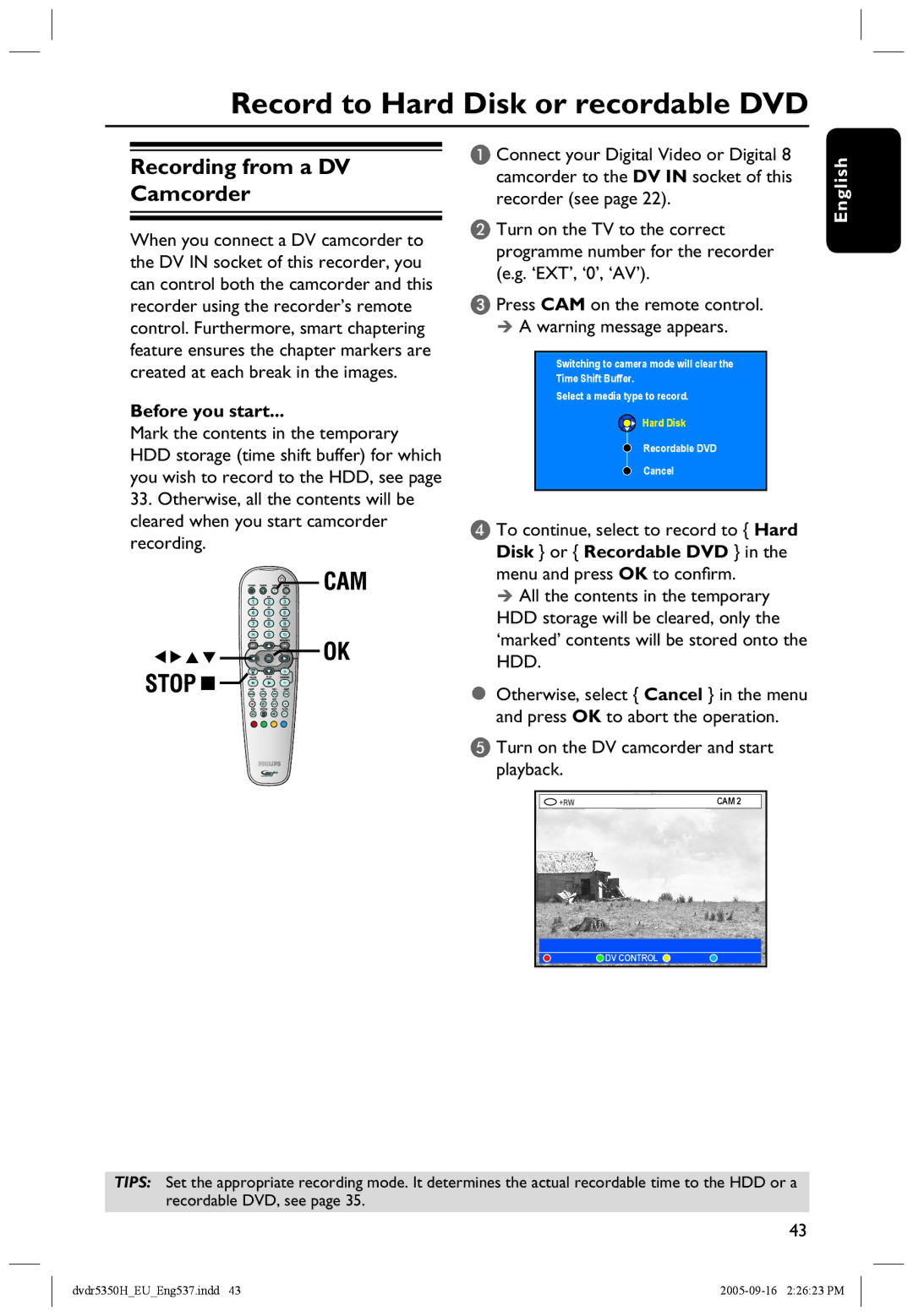 Philips DVDR5350H user manual Record to Hard Disk or recordable DVD, Recording from a DV Camcorder, Before you start 